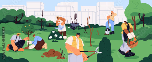 Gardeners care about plants in urban park. People dig with shovel, cut with pruning shears, planting trees in city. Team saves nature, watering and landscaping in garden. Flat vector illustration