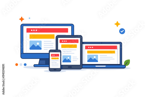 Web interface layouts expressed by responsive screens in different sizes arranged together, symbolizing adaptability, consistency, and cross device user