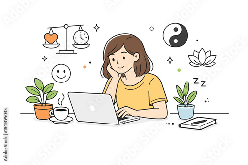 Lazy girl job trend overview. A young woman working calmly at a laptop with coffee and plants around, expressing low-stress routine and quiet productivity.