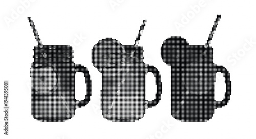 Black and white pixelated illustration of three mason jars with straws on a plain white background