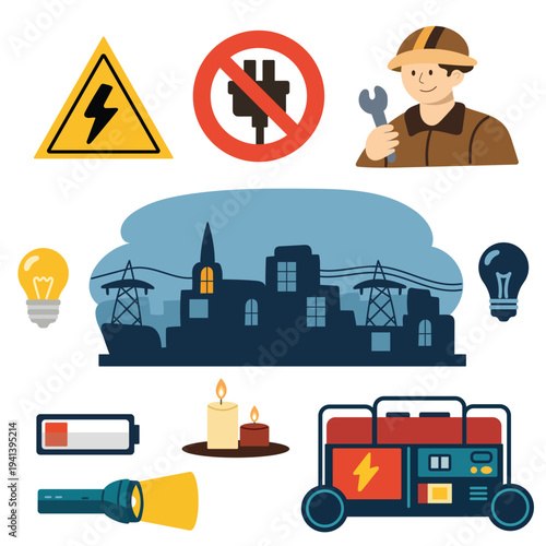 Electricity blackout in city with flashlight, candle and backup generator