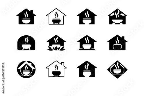 zen home sanctuary. Icon set. Set Logo of zen home sanctuary: incense burner. harmonious logo variations of the same emblematic concept, each with different