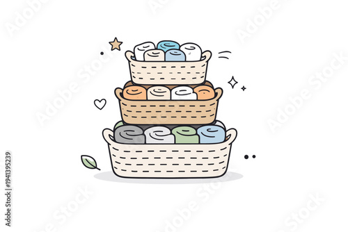 Minimal home storage. Neutral baskets stacked neatly, each holding rolled socks or soft textiles. Quiet lifestyle scene with plenty of white space. Minimalist