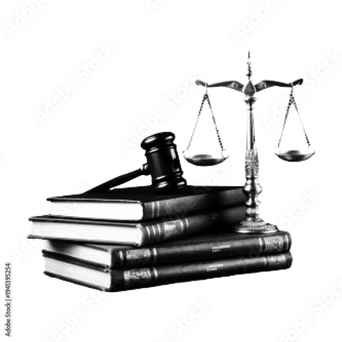 Justice concept with judge gavel, law book and balance scale in halftone style. Black and white illustration representing court, legal system, legislation, authority and judiciary.