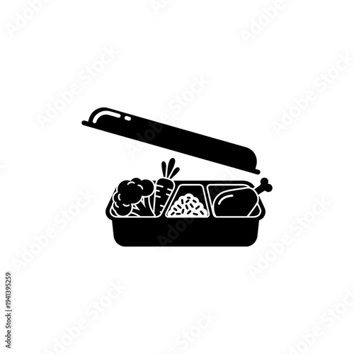 vector silhouette icon of lunch box with healthy food compartments symbolizing meal prep diet, solid black minimal vector