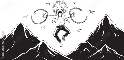 Vector illustration of happy man jumping with arms outstretched between two mountains