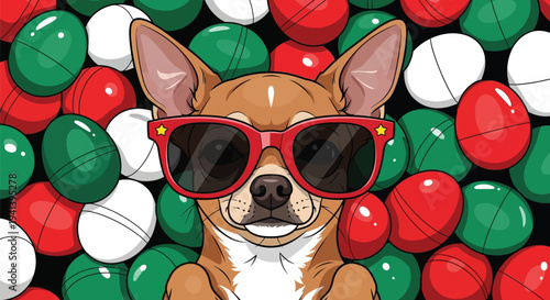 Chihuahua dog wearing red sunglasses with green and red eggs