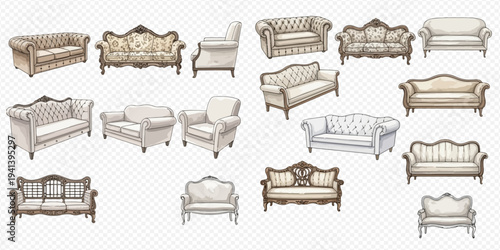 Collection of elegant vintage sofas and armchairs, hand-drawn illustrations for interior design and home decor.