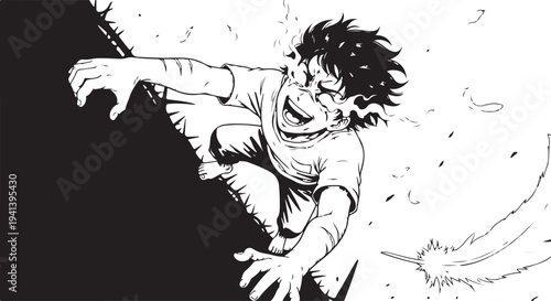 Vector illustration of a man jumping off a cliff in black and white