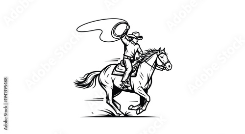 A cowboy on horseback skillfully swinging a lasso in a dynamic pose