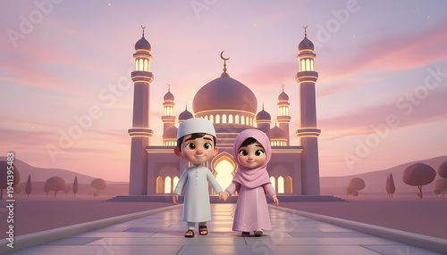 Muslim couple in traditional clothing standing in front of a mosque at sunset