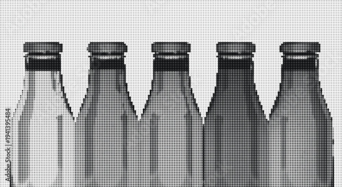 Five milk bottles in varying shades of gray arranged in a row showcasing different levels of milk content