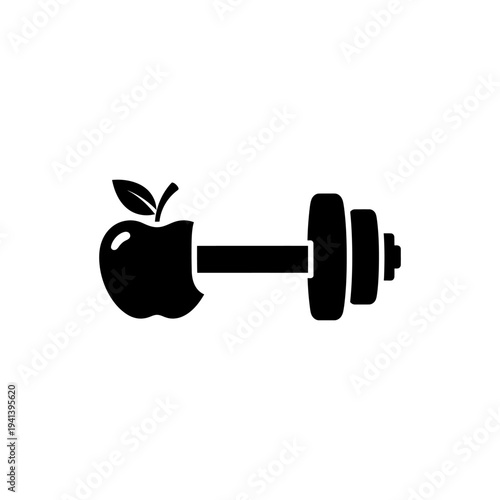 flat vector silhouette icon of dumbbell combined with apple symbolizing diet and fitness balance