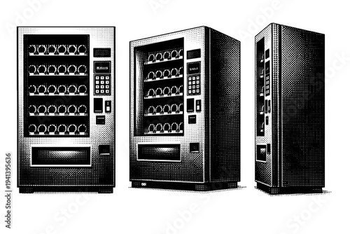 Vending machine front panel A realistic vending machine front panel with product window and selection buttons shown in three views: straight front view, slight