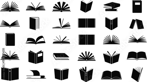 Collection of Black Book Silhouette Icons and Symbols Featuring Open Closed and Stacked Hardcover Textbooks for Education Library and Literacy Design