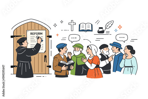 The Protestant Reformation. A reformer figure posts a document titled ?Reform? on a church door while townspeople read and discuss nearby, showing debate and