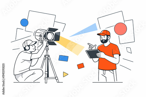 Perfecting cinematic lighting setup. The cinematographer fine-tunes a spotlight while the director studies a tablet screen, discussing framing and shadows.