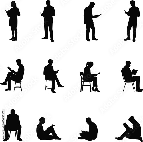 Collection of black silhouettes of people reading books and using tablets in diverse sitting and standing poses for educational and library concepts