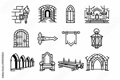 Medieval Atmosphere. Line icon set of Medieval Atmosphere: torch on wall, stone corridor, narrow window, castle hall, wooden door, iron hinge, hanging banner,