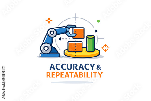 Robotic automation concept centered on accuracy and repeatability. A compact concept badge showing a robot arm aligned with geometric parts and motion cues.