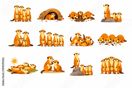 Meerkat colony. Colorful flat vector icons set of meerkat colony: group standing, shared burrow, teamwork digging, colony watch, family cluster, alert chain,