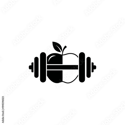 flat vector silhouette icon of dumbbell combined with apple symbolizing diet and fitness balance, solid black minimal design