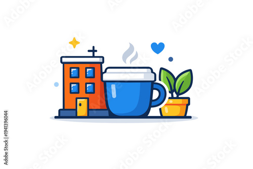 Urban living essentials reflected through a compact city scene where a small apartment building, coffee cup and plant form a calm symbol of everyday balance in