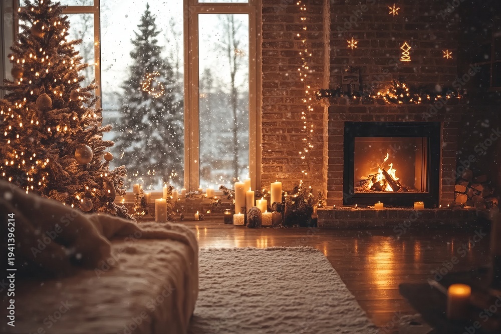 Obraz premium Cozy Winter Escape A Beautifully Decorated Holiday Home with a Warm Fireplace and Sparkling Tree