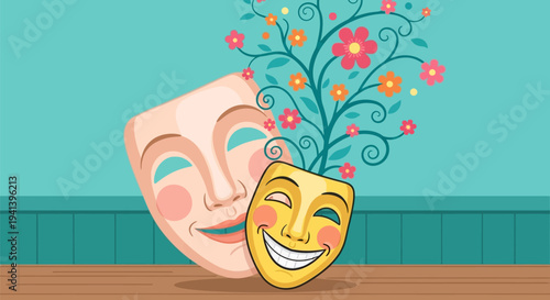 Theatrical masks with flowers symbolizing happiness and duality on stage with colorful blossoms