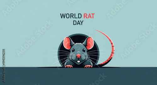 Cute cartoon rat peeking out on world rat day with a cheerful expression on a light blue background