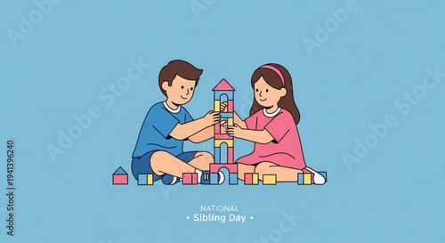 Two siblings building a colorful block castle together on the floor with blocks scattered around them on sibling day