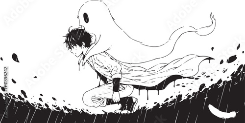 Vector illustration of a man with a ghost in black and white