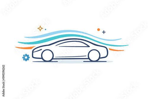 Aerodynamic analysis concept depicted by a car outline with smooth airflow lines passing over the body shape. A calm and technical editorial metaphor for