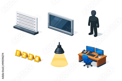 Police lineup. Isometric flat vector icons set of police lineup: lineup identification wall, one-way mirror window, suspect silhouette figure, numbered floor