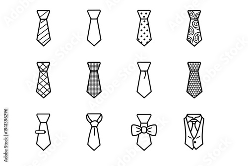 Tie styles. Line icon set of Tie styles: striped tie, solid color tie, polka dot tie, paisley tie, diagonal pattern tie, textured tie, silk tie, knit tie,