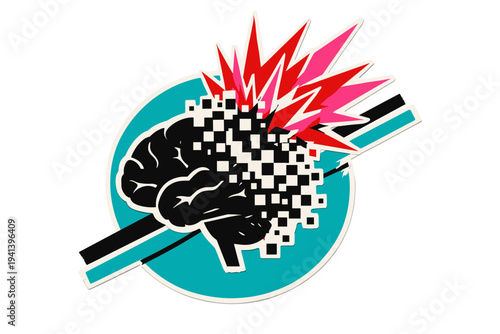 Black and white brain silhouette fragmented into pixel-like squares dissolving upward, large turquoise circle intersected by diagonal lines anchoring the