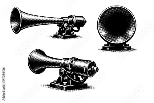Ship fog horn ? A traditional ship-mounted fog horn depicted as one object in three distinct angles, focusing on long tubular form, bell opening geometry, and