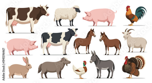 Farm animals illustration cow sheep pig rooster horse goat rabbit donkey and turkey