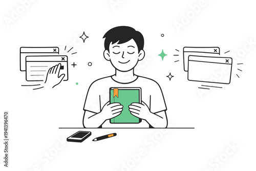 Second brain simplification moment. Person choosing a single notebook or minimal system, closing extra tabs with relief. Scene conveys clarity, release, and