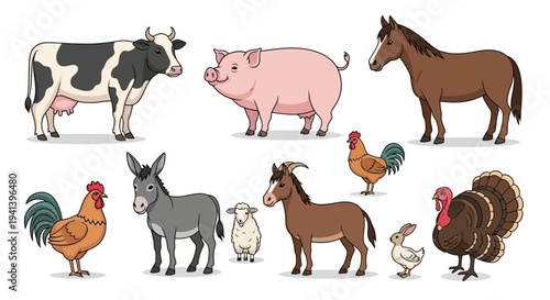Cartoon farm animals cow pig horse donkey sheep chicken turkey and rabbit