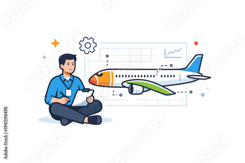 Aerospace engineer airplane schematic conveyed through a calm character seated beside a clean aircraft diagram with highlighted sections, reflecting focus,