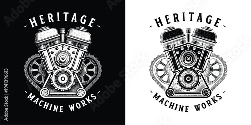 Vintage style v twin engine design featuring heritage machine works emblem available in black and white versions