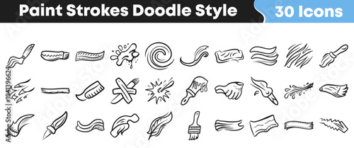 Collection of thirty hand drawn doodle style icons representing various dynamic paint strokes splashes and artistic brush tools.
