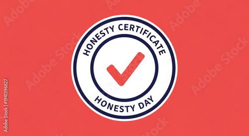 Honesty certificate badge with checkmark on red background for honesty day