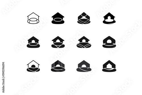 zen home sanctuary. Icon set. Set Logo of zen home sanctuary: meditation cushion. harmonious logo variations of the same emblematic concept, each