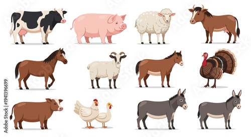 Various farm animals in cartoon style illustration for agricultural design