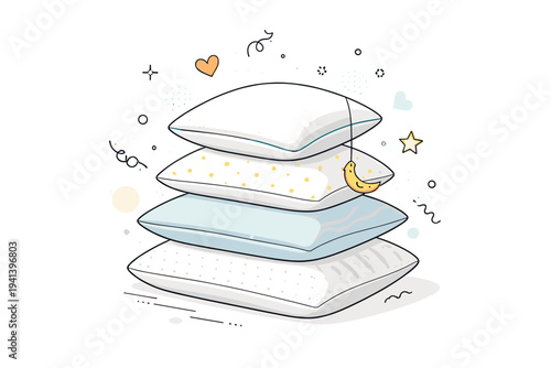 Home textile. Stack of pillows arranged neatly, balance and softness in form. Simple geometric accents and dots highlight texture and comfort. Modern flat-line