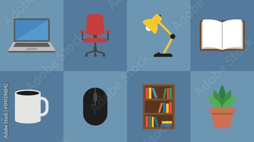 Essential Study Icons: Laptop, Chair, Books, Lamp, Coffee Mug