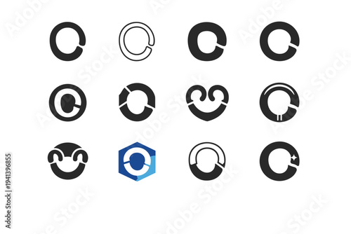 Shower curtain ring. Icon set. Set Logo of shower curtain ring: open hook ring. harmonious logo variations of the same emblematic concept, each with different