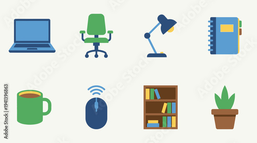 Essential Study Icons: Laptop, Chair, Books, Lamp, Coffee Mug